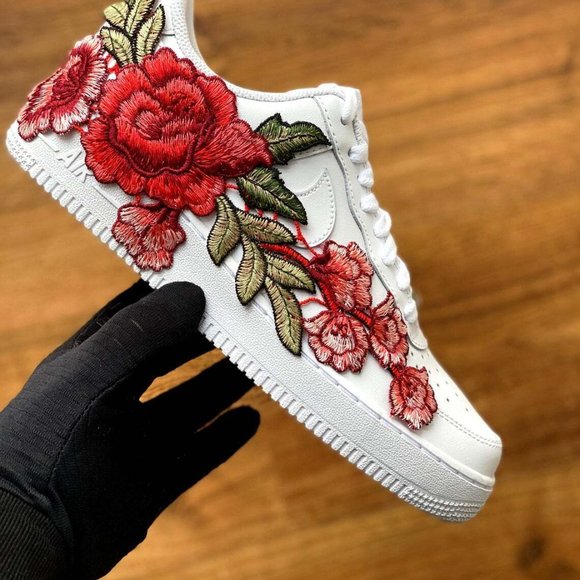 Nike Air Force 1 White Shoes Custom Rose Red Long ? Embroidered Floral Sneakers main image 12
